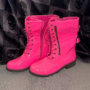 Neon Pink Latex Combat Boots | Women’s 8